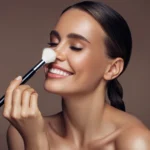 Imagem de uma mulher com cabelos presos passando um pincel de maquiagem no rosto sorrido. A imagem ilustra o texto Maquiagem vegana - o que é, impactos na indústria de cosméticos e benefícios para a sua beleza