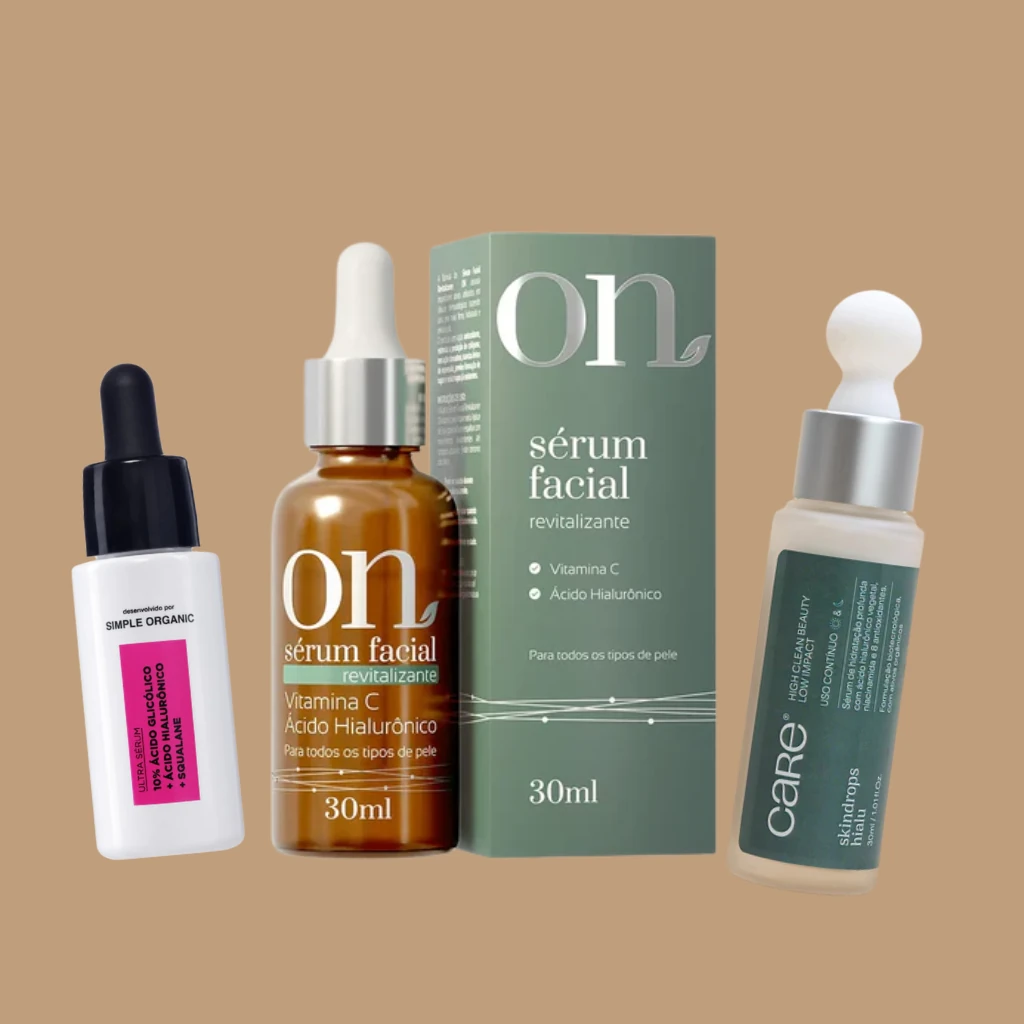 Imagem com três produtos que possuem ácido hialurônico em suas formulações ilustrando o texto Ácido hialurônico: essencial para a hidratação e o rejuvenescimento da pele