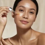 Close em um rosto feminino mostrando ela segurando um conta gotas ilustrando o texto Ácido retinoico: benefícios, usos e cuidados para uma pele saudável