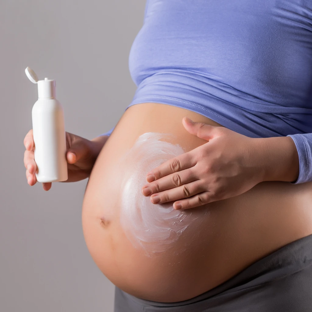 Close de uma barriga de grávida passando creme. A mulher está usando uma blusa azul.