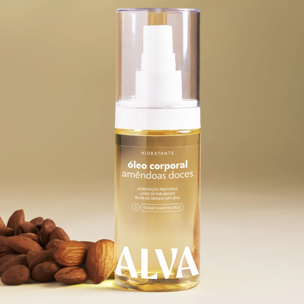 Imagem de um frasco do Óleo Corporal de Amêndoas Doces Alva com alguma amêndoas ao lado
