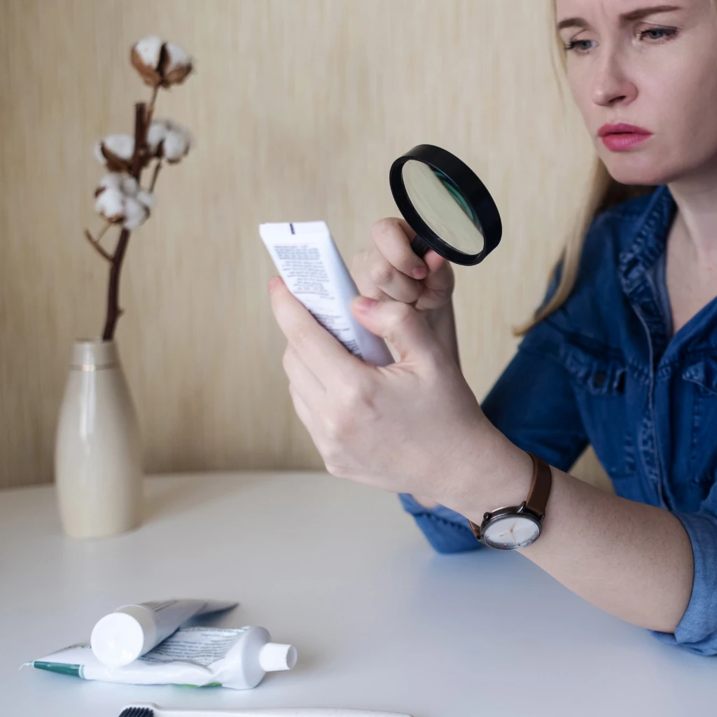Na imagem, uma mulher está utilizando uma lupa para verificar os ingredientes de um produto cosmético
